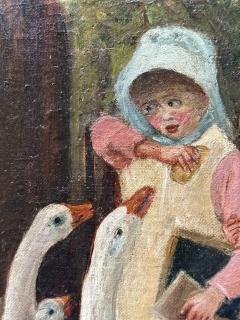SIGNED CHARMING 19TH CENTURY CHILDREN FEEDING GEESE OIL PAINTING ORIGINAL FRAME - 4738989
