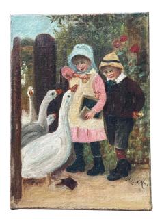 SIGNED CHARMING 19TH CENTURY CHILDREN FEEDING GEESE OIL PAINTING ORIGINAL FRAME - 4739697