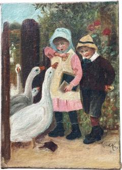 SIGNED CHARMING 19TH CENTURY CHILDREN FEEDING GEESE OIL PAINTING ORIGINAL FRAME - 4739698