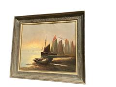SIGNED MID CENTURY SAILBOATS SHORE OIL ON CANVAS PAINTING - 4604895