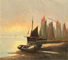 SIGNED MID CENTURY SAILBOATS SHORE OIL ON CANVAS PAINTING - 4648582