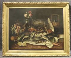 SIGNED OLD MASTER STILL LIFE OF LOBSTER FISH PHEASANT FRUIT PAINTING - 4501364
