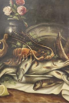 SIGNED OLD MASTER STILL LIFE OF LOBSTER FISH PHEASANT FRUIT PAINTING - 4501370