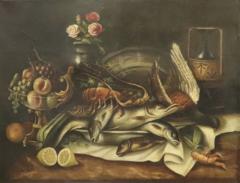 SIGNED OLD MASTER STILL LIFE OF LOBSTER FISH PHEASANT FRUIT PAINTING - 4504143