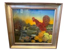 SIGNED RED ROOSTER WITH PUMPKINS FARMLAND FRAMED GLASS REVERSED PAINTING - 4455537
