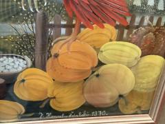 SIGNED RED ROOSTER WITH PUMPKINS FARMLAND FRAMED GLASS REVERSED PAINTING - 4455542