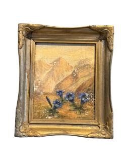 SIGNED SMALL MOUNTAIN LANDSCAPE WITH BLUE WILDFLOWERS OIL PAINTING - 4494505