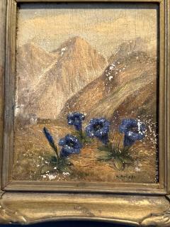 SIGNED SMALL MOUNTAIN LANDSCAPE WITH BLUE WILDFLOWERS OIL PAINTING - 4494510