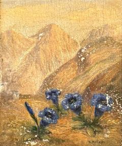 SIGNED SMALL MOUNTAIN LANDSCAPE WITH BLUE WILDFLOWERS OIL PAINTING - 4495298