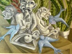SIGNED SURREALIST GARGOYLES AND BLUEBIRDS PAINTING - 2942974