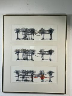 SIGNED THREE SCENE AUTUMN SUN AND TREESCAPE LITHOGRAPH - 3990595