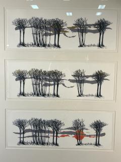 SIGNED THREE SCENE AUTUMN SUN AND TREESCAPE LITHOGRAPH - 3990598