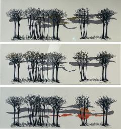 SIGNED THREE SCENE AUTUMN SUN AND TREESCAPE LITHOGRAPH - 3994160