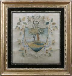 SILK ON SILK NEEDLEWORK COAT OF ARMS OF THE LAWRENCE FAMILY - 3013788