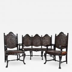 SPANISH COLONIAL PARLOR SET SETTEE ARM CHAIRS EMBOSSED LEATHER SPAIN 19TH C - 1275319