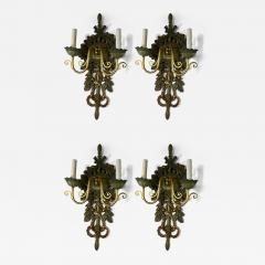SUITE OF FANCY FOUR ITALIAN GOLD GREEN WOOD LEAF ACORN DESIGN SCONCES - 3740257