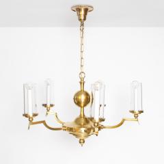 SWEDISH ART DECO FIVE ARM BRASS CHANDELIER WITH CYLINDRICAL GLASS SHADES  - 1178452