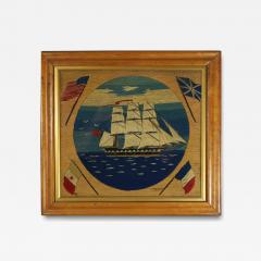 Sailors Woolwork Picture of a Ship with American Flag - 4227358