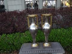 Sally Sirkin Lewis Pair of Monumental Neoclassical Style Silver and Gold Giltwood Urn Form Lamps - 3667900