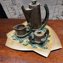 Salvador Teran 1960s Salvador Teran Coffee Tea Service Set of 5 Brass Mosaic Stone Mexico - 3156989
