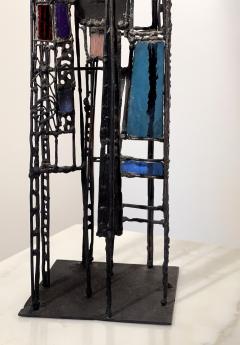 Samuel Adolf Cashwan Mid Century Metal and Colored Glass Sculpture Like Stained Glass - 2427343