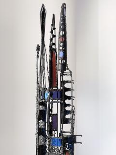 Samuel Adolf Cashwan Mid Century Metal and Colored Glass Sculpture Like Stained Glass - 2427345