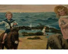 Samuel S Carr 1837 1908 American Idyllic Beachside Scene Children Dogs - 4103263
