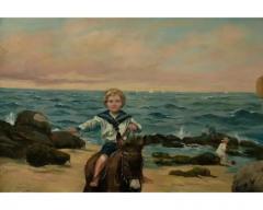 Samuel S Carr 1837 1908 American Idyllic Beachside Scene Children Dogs - 4103264