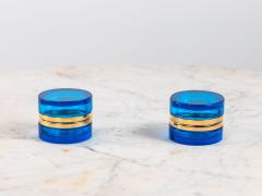 Sapphire Blue Round Glass Box with Polished Bronze Mount France Early 20th C  - 4153156