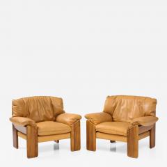 Sapporo Mobil Girgi Pair of Italian Walnut and Leather Lounge Chairs Mobil Girgi 1970s - 2486039