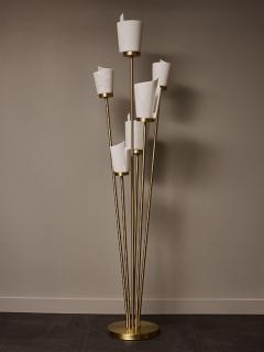 Satinated Brass and Alabaster Spiral Shades Six Arms of Light Floor Lamp - 4715910