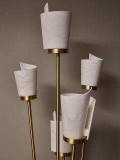 Satinated Brass and Alabaster Spiral Shades Six Arms of Light Floor Lamp - 4715941