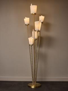 Satinated Brass and Alabaster Spiral Shades Six Arms of Light Floor Lamp - 4715942