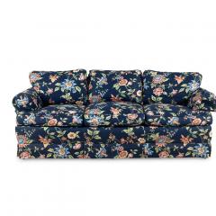 Scalamandre Navy Blue Chintz Upholstered Down Filled Roll Arm Sofa - 4795069
