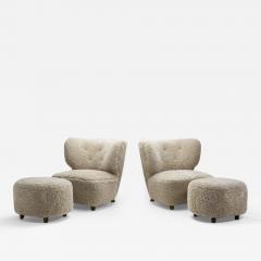 Scandinavian Easy Chairs in Sheepskin with Ottomans Scandinavia ca 1950s - 3805101