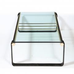 Scandinavian Mid Century Modern Brass Black Leather Glass Cocktail Table - 2431399