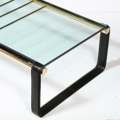 Scandinavian Mid Century Modern Brass Black Leather Glass Cocktail Table - 2431416