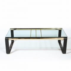 Scandinavian Mid Century Modern Brass Black Leather Glass Cocktail Table - 2431421