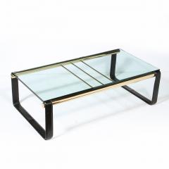 Scandinavian Mid Century Modern Brass Black Leather Glass Cocktail Table - 2431425