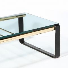 Scandinavian Mid Century Modern Brass Black Leather Glass Cocktail Table - 2431434