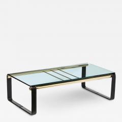 Scandinavian Mid Century Modern Brass Black Leather Glass Cocktail Table - 2436085