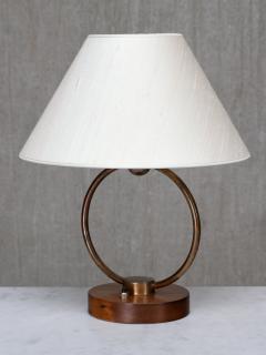 Scandinavian Modern Ring Table Lamp in Brass Walnut and Silk Sweden 1940s - 4699903