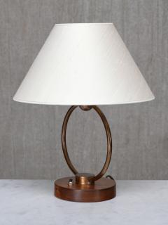Scandinavian Modern Ring Table Lamp in Brass Walnut and Silk Sweden 1940s - 4699904