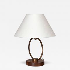 Scandinavian Modern Ring Table Lamp in Brass Walnut and Silk Sweden 1940s - 4700069
