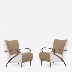 Sculpted Cherry Wood and Teddy Wool Lounge Chairs Italy C 1950s - 4031136