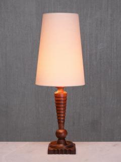 Sculptural French Art Deco Tall Table Lamp in Turned Oak and Ivory Shade 1920s - 4492576