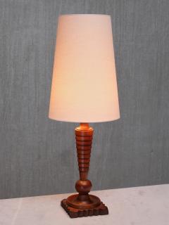 Sculptural French Art Deco Tall Table Lamp in Turned Oak and Ivory Shade 1920s - 4492577