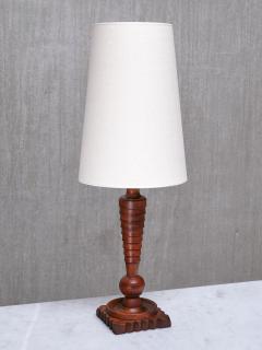 Sculptural French Art Deco Tall Table Lamp in Turned Oak and Ivory Shade 1920s - 4492578