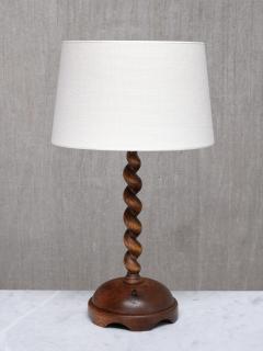 Sculptural French Oak Table Lamp with Barley Twist Stem and Linen Shade 1950s - 4594455