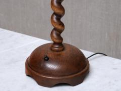Sculptural French Oak Table Lamp with Barley Twist Stem and Linen Shade 1950s - 4594458